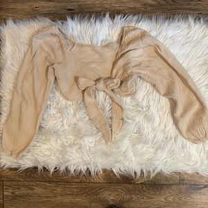 SHEIN Petite XXS Beige Gauze Tie Front Long Sleeve Crop Top Boho Blouse